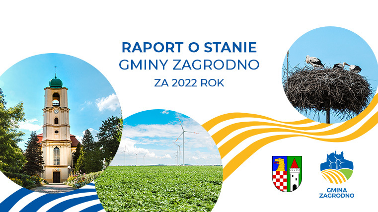 raport o stanie gminy zagrodno za 2022 rok, grafika przedstawia zdjęcia gminy zagrodno - kościół i bocianie gnazdo oraz logo i herb gminy.